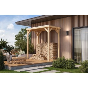 Karibu Pavillon Cannes S, naturbelassen, 231x124 cm, mit Holzstapel und Sitzgruppe im Garten.