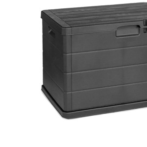 Anthrazitfarbene Mojawo Auflagenbox aus Kunststoff, 170 Liter, auch als Sitzbank nutzbar.