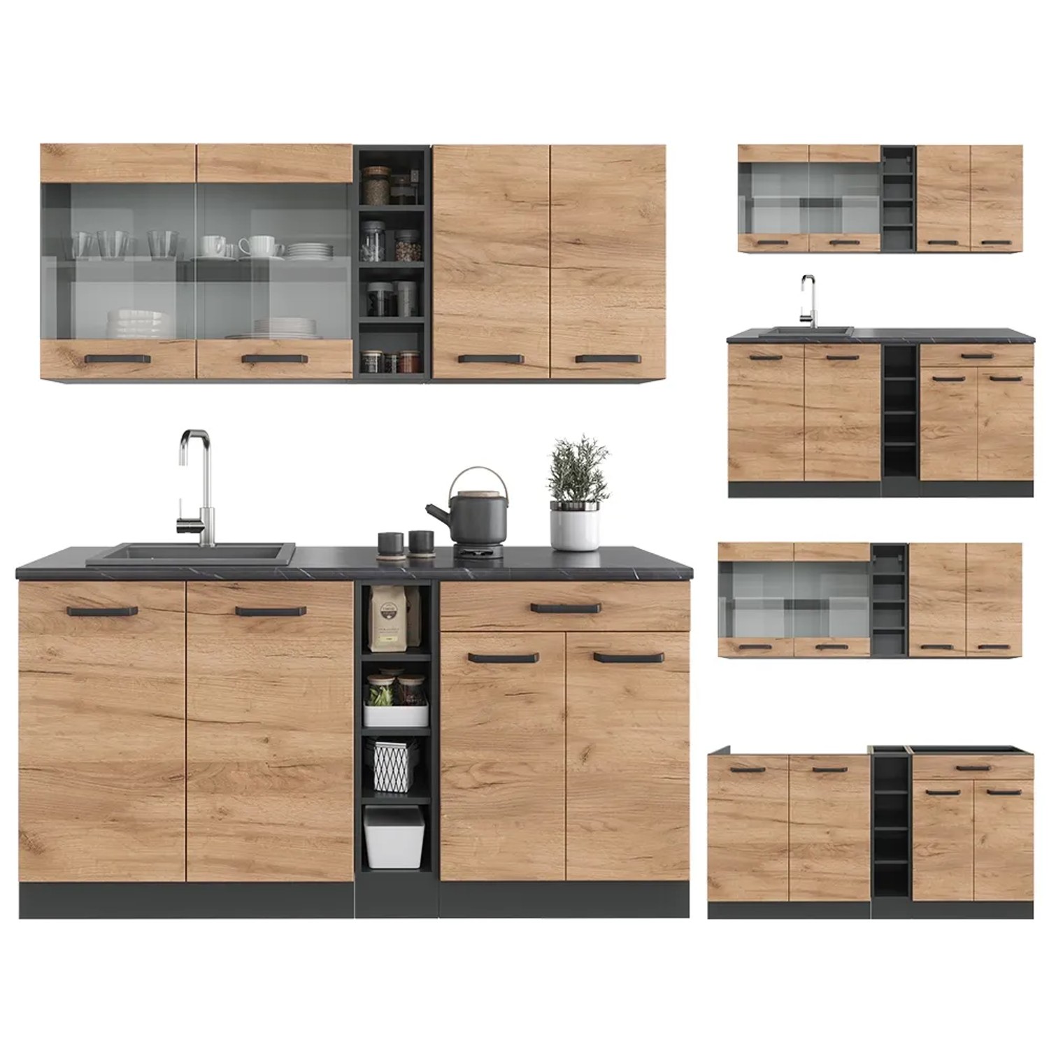 Vicco R-Line Singleküche in Goldkraft Eiche/Anthrazit, 160 cm breit, ohne Arbeitsplatte.