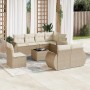 Beige 9-teilige Garten-Sofagarnitur aus Polyrattan mit Kissen und Tisch.