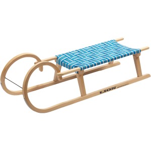 Hörnerrodel 125 cm für 2 Personen, Holzschlitten mit blau-weißem Sitzbezug.