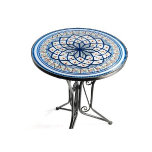 Kobolo Gartentisch mit Mosaikoptik in Weiß und Blau, runder Tisch mit Metallgestell.