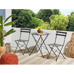 Schwarzes Beliani Bistro Set FIORI: Gartentisch mit zwei Stühlen aus Stahl, klappbar und platzsparend.