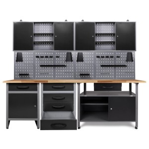 Ondis24 Werkbank Set „Tüftler“ (240 cm) mit Schränken und Lochwand für die Werkstatteinrichtung.