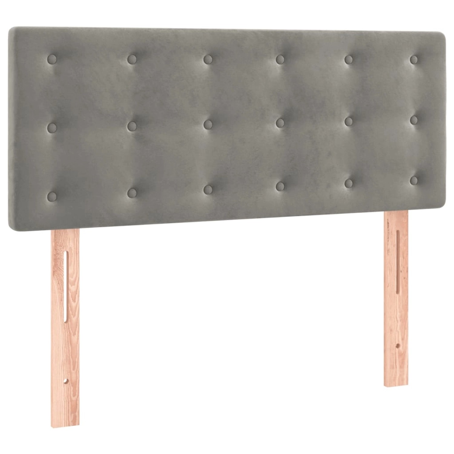 Hellgraues vidaXL Boxspringbett Kopfteil aus Samt mit Knopfheftung und Holzfüßen.