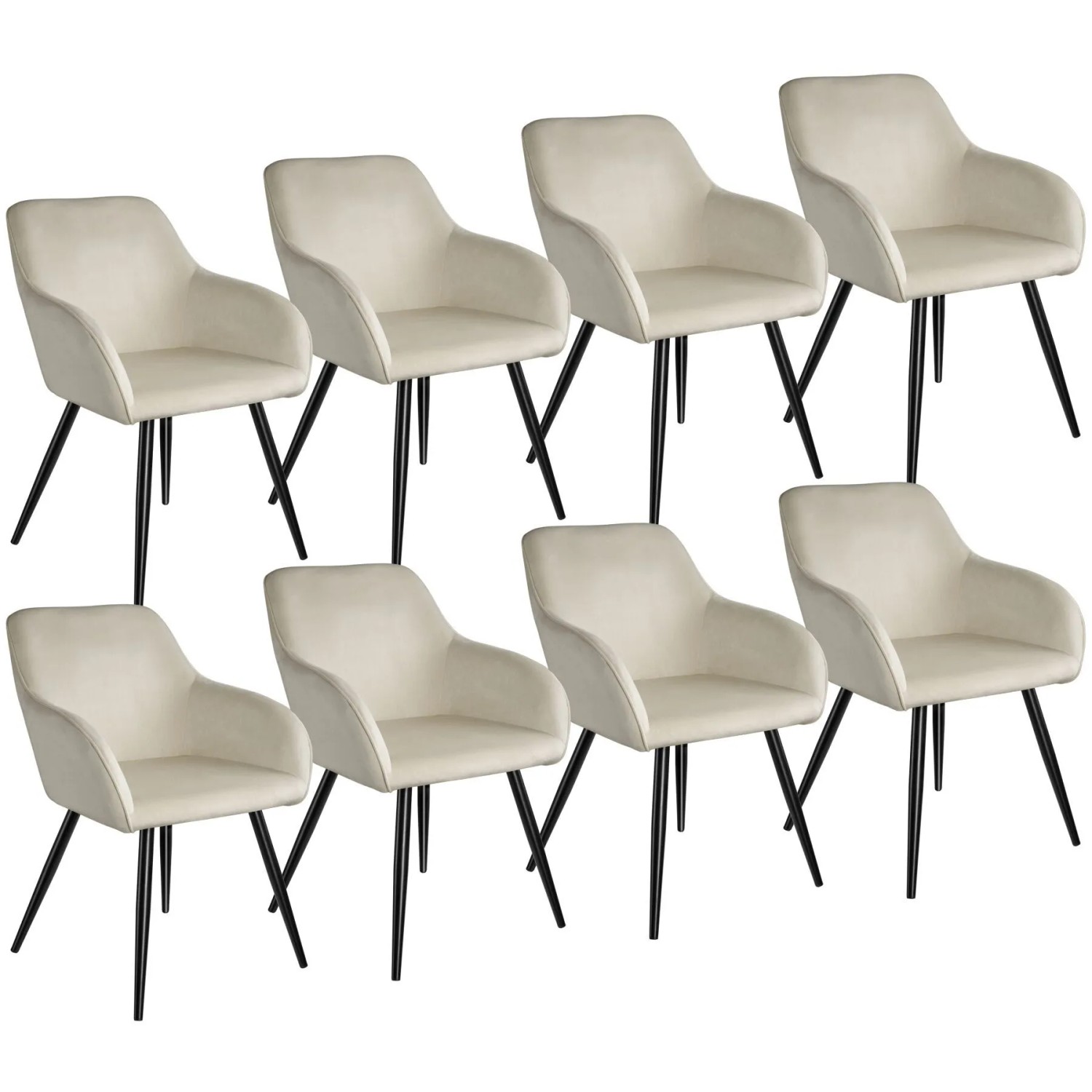 Tectake Esszimmerstuhl Marilyn Gepolstert  In Samtoptik Durchgehende Lehne 8Er Set 62 x 58 x 82 cm Creme Schwarz