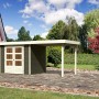 Terragraues Karibu Holz-Gartenhaus Boras mit Flachdach und Anbau, lackiert, 238x213 cm.