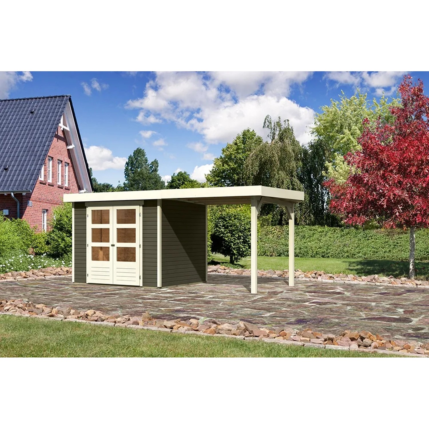 Terragraues Karibu Holz-Gartenhaus Boras mit Flachdach und Anbau, lackiert, 238x213 cm.