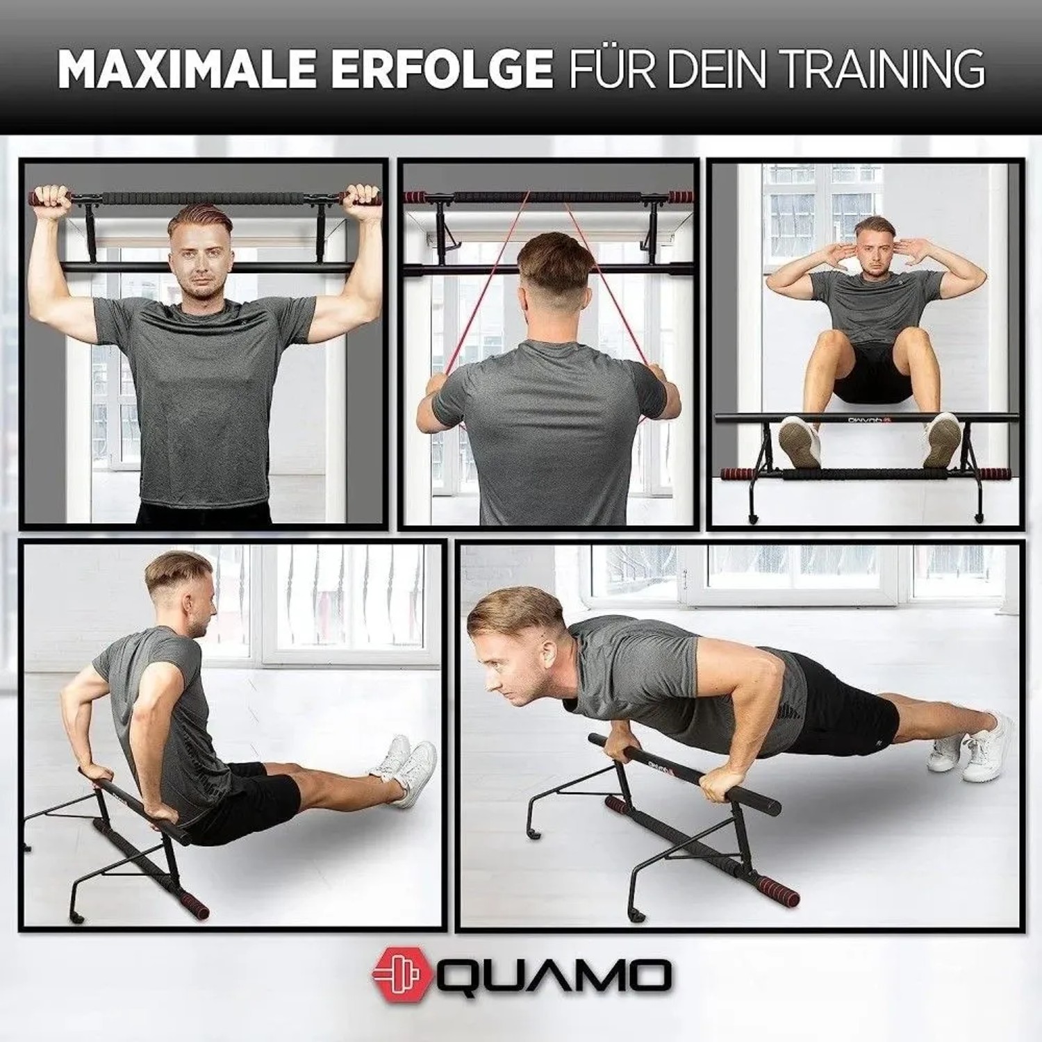 Quamo Klimmzugstange für Türrahmen, verschiedene Übungen dargestellt. Rutschfest, bis 200 kg belastbar.