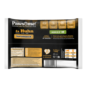 Pawsome Katzen-Nassfutter Adult Huhn, 4 x 85g Flowpack. Katzenfutter mit Huhn in Sauce.