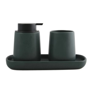 MSV Tablett Maonie, dunkelgrün, mit Seifenspender und Becher aus Keramik.