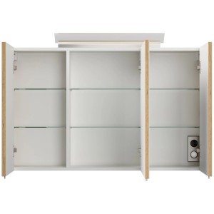 Offener Posseik Spiegelschrank 100 cm Eiche Gold mit 3 Türen, LED-Lampe, Glasböden und Steckdose. Ideal für Badezimmer.