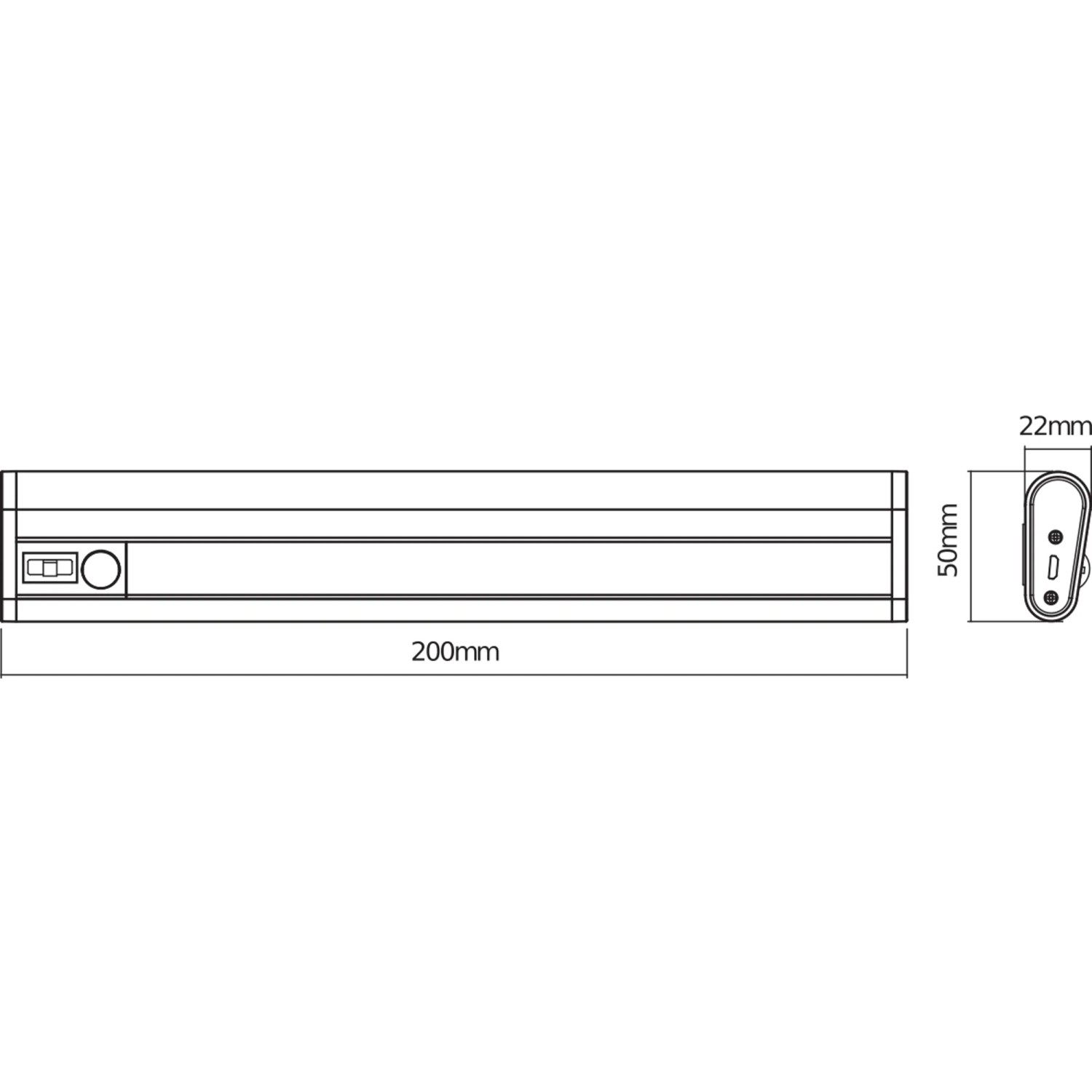 Skizze der Osram LED Unterbauleuchte Linear Mobile USB mit Maßen 20x5x2,2 cm.