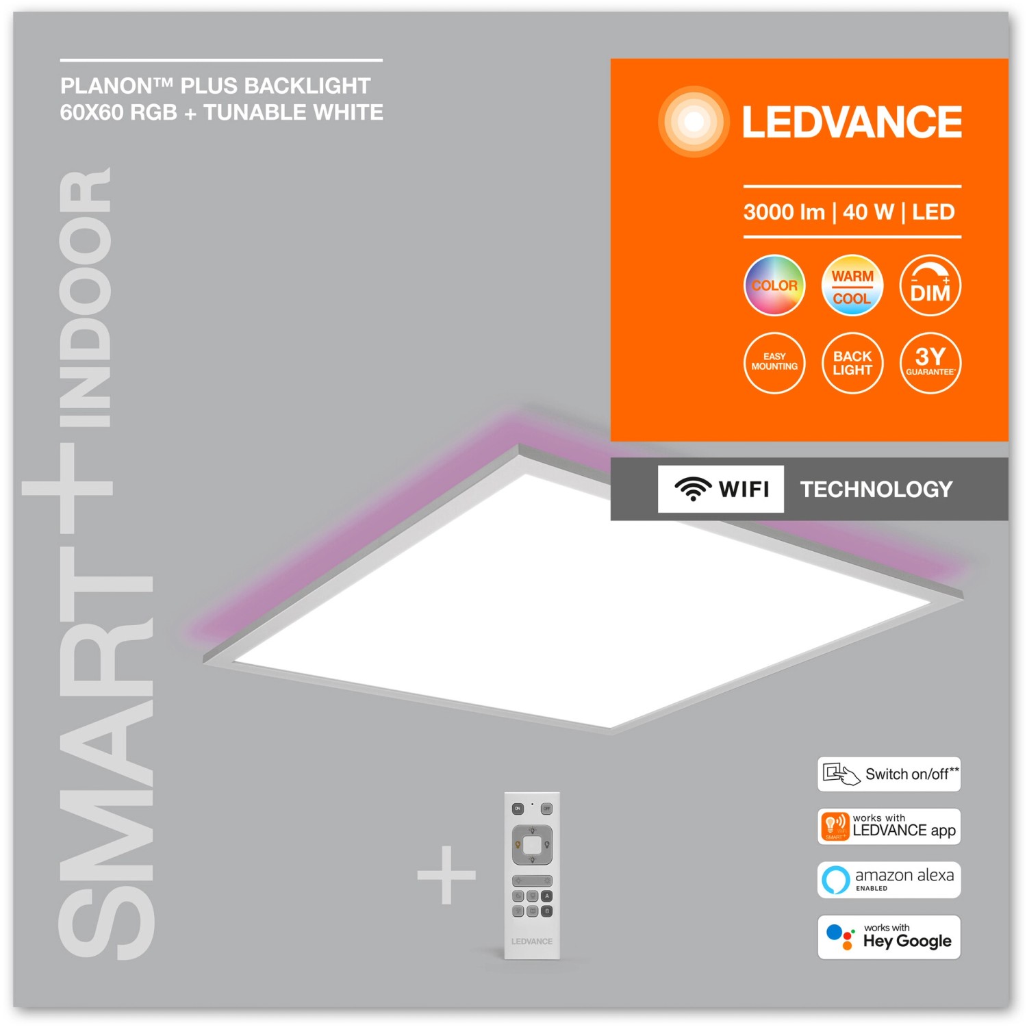 LEDVANCE Smart LED-Panel Planon Plus, 60x60 cm, mit Fernbedienung und RGB Backlight.