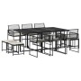 Schwarze 11-tlg. Garten Essgruppe aus Poly Rattan mit Tisch, Stühlen, Hockern und Kissen.