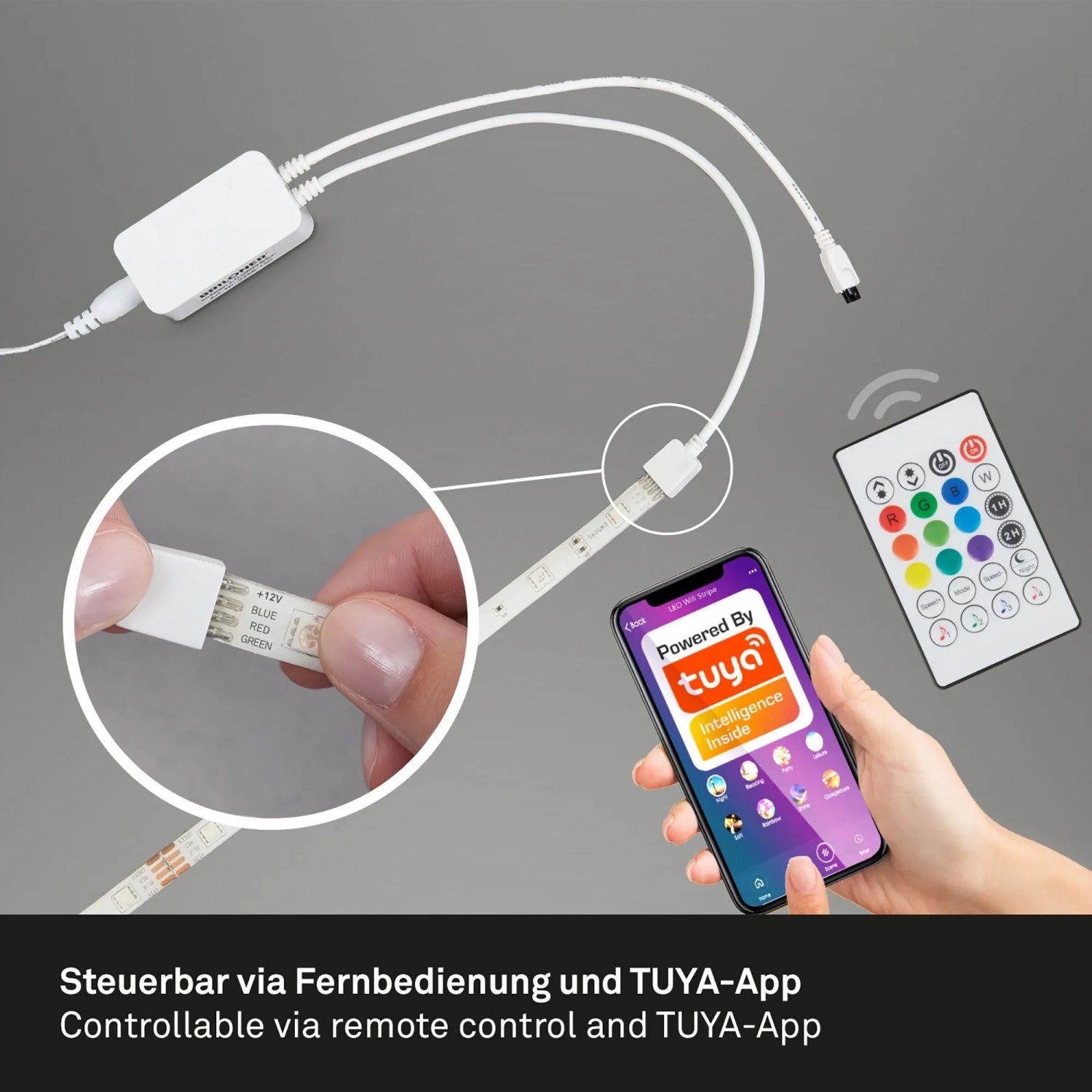Brilo Wifi-LED-Strip RGBIC 5m: Detailaufnahme mit Fernbedienung und Smartphone-App.