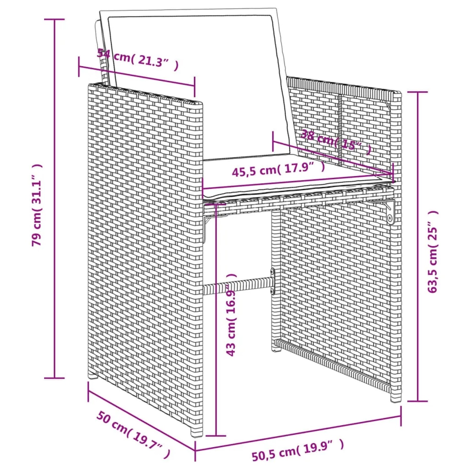 Detailansicht Gartenstuhl der vidaXL Essgruppe, schwarzes Poly Rattan mit Maßen.
