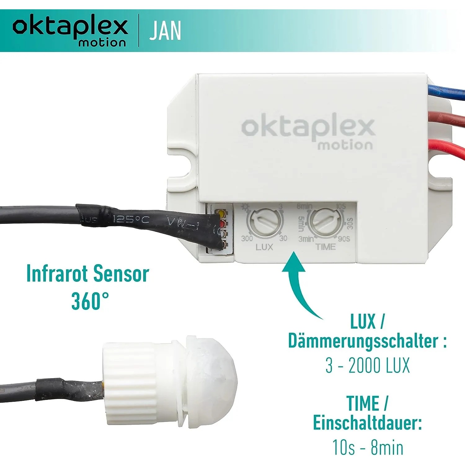 Oktaplex Jan Bewegungsmelder: Sensorkopf und Elektronik mit Einstellmöglichkeiten für Lux und Zeit.