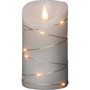 Weiße Konstsmide LED Echtwachskerze mit 3D-Flamme, Timer und silberfarbenem Draht mit 13 LED-Tropfen.