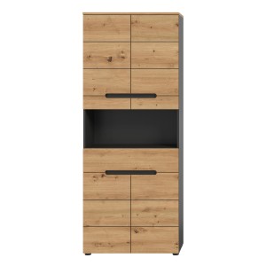 Hochschrank Canu in Artisan/Grau, 193x76x34 cm, mit Fächern und Schublade für Bad oder Hauswirtschaftsraum.