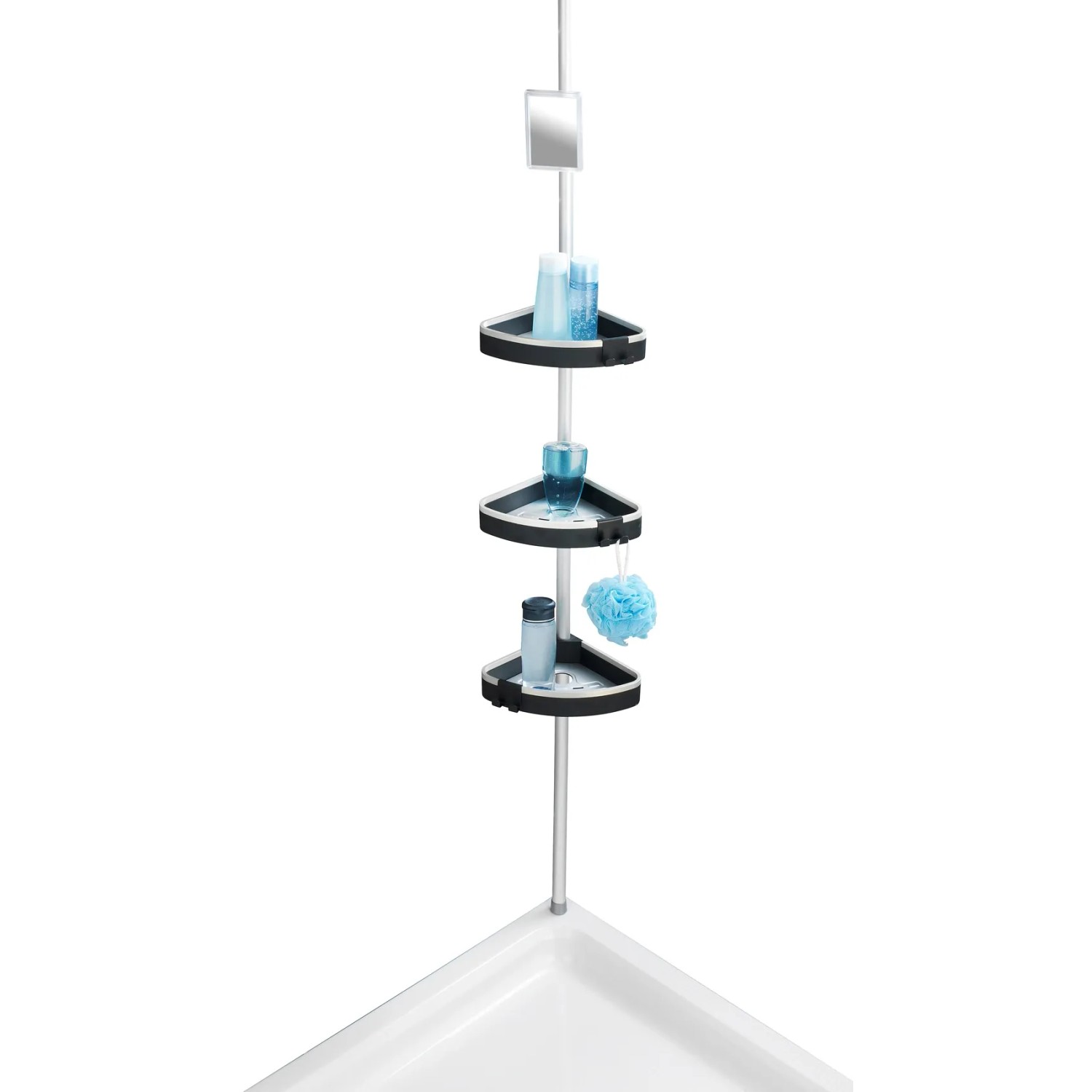 Wenko Teleskop Duschregal Wave Aluminium mit 3 Ablagen und Spiegel zur Duschutensilien Aufbewahrung.