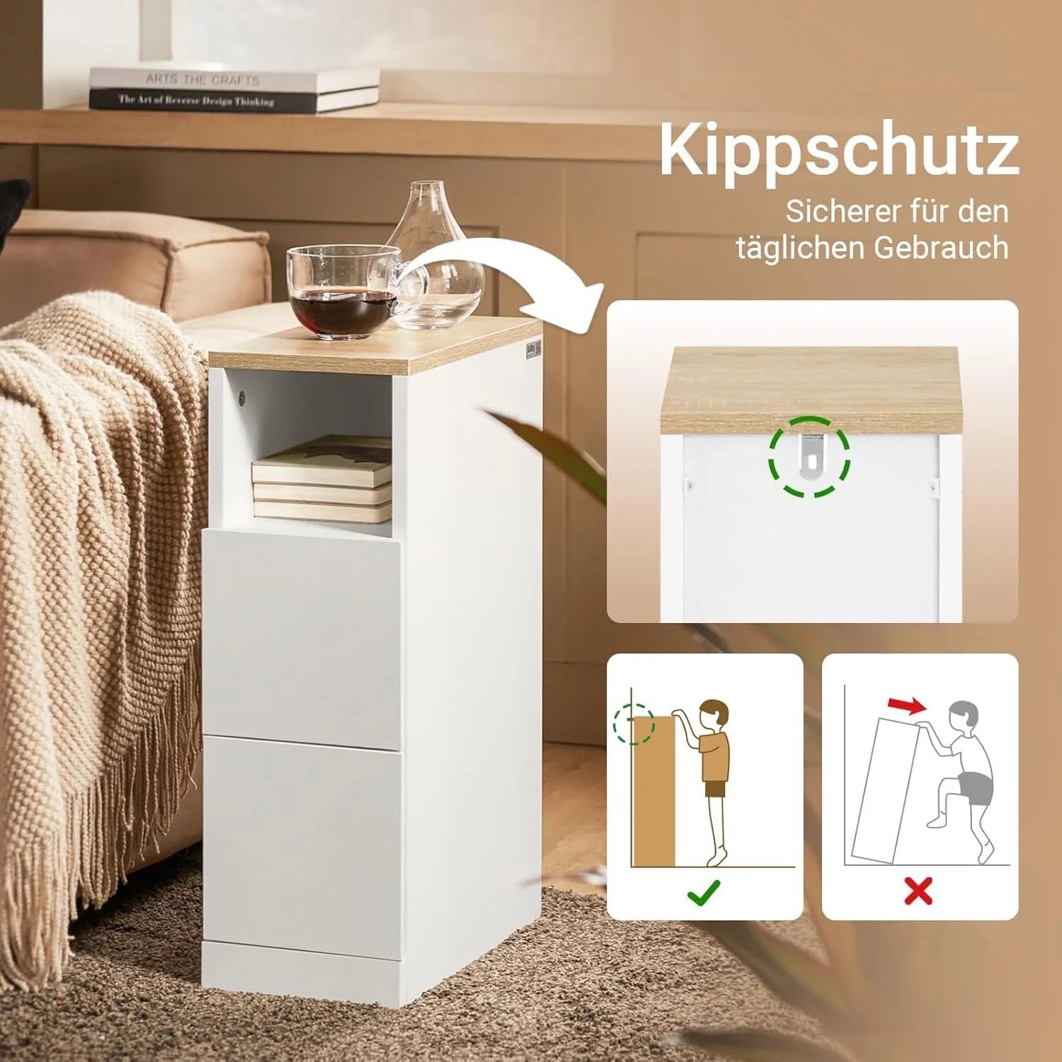 Schmaler weißer Nachttisch mit Holzplatte, 2 Schubladen, offenem Fach und Kippschutz. Ideal für kleine Räume.