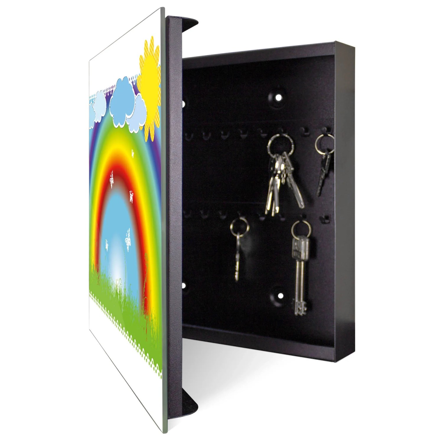 Banjado Schlüsselkasten mit Regenbogen Motiv, 50 Haken, beschreibbare Glastür, Magnettafel.