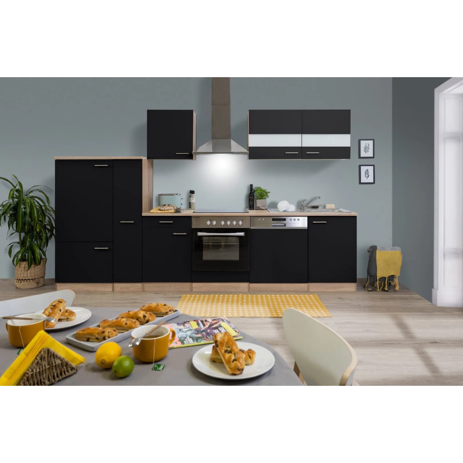 Respekta Küchenzeile KB310ESSC 310 cm Schwarz-Eiche Sägerau Nachbildung