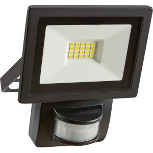 Schwarzer LED Außenstrahler mit Bewegungssensor, 7W, Aluminiumgehäuse.