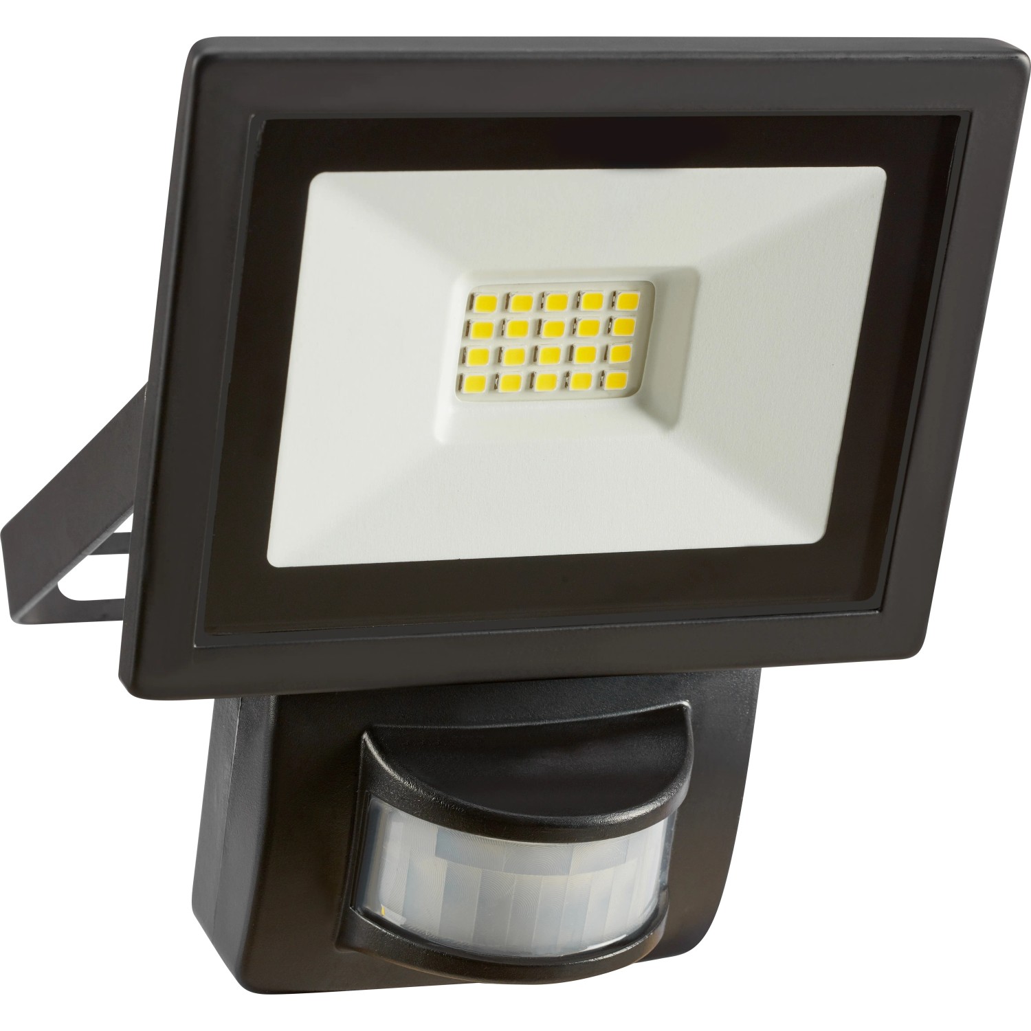Schwarzer LED Außenstrahler mit Bewegungssensor, 7W, Aluminiumgehäuse.