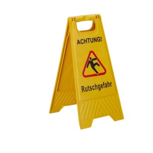 Gelber klappbarer Warnaufsteller aus Kunststoff mit "Achtung! Rutschgefahr" und Piktogramm. Ideal für Sicherheit.