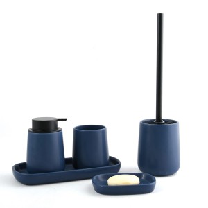 MSV WC-Bürste Maonie, dunkelblaues Bad-Set mit Seifenspender, Becher, Seifenschale und WC-Garnitur.