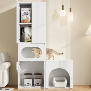 Weißer Katzentoilettenschrank mit integriertem Stauraum, Katzenhöhle und Futterautomaten. Eine Katze betritt den Rückzugsbereich.