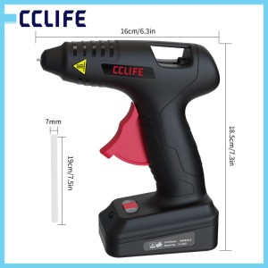 CCLIFE Akku Heißklebepistole schwarz, kabellos, mit rotem Abzug und 7,2mm Klebestift. Ideal für Bastelarbeiten.