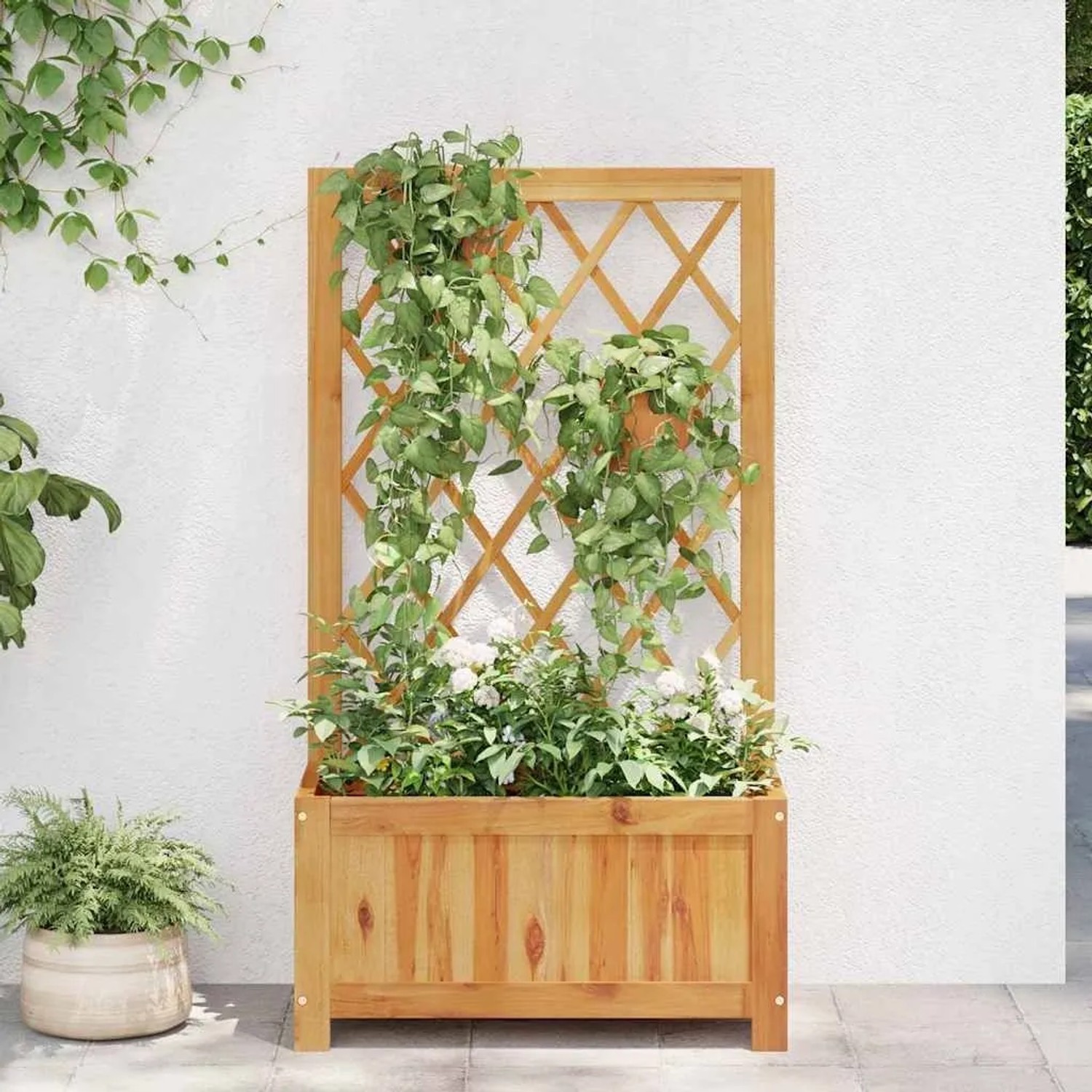 DELUKE Pflanzkasten Mit Spalier WELO Akazienholz Massiv 100x55x28cm Spalier Mit Blumenkasten Hochbeet Mit Rankgitter Rankkasten Gartenspalier_3
