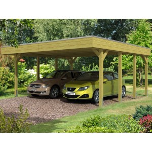 Skan Holz Carport Friesland Doppelcarport mit zwei Autos. Holzkonstruktion mit Flachdach.
