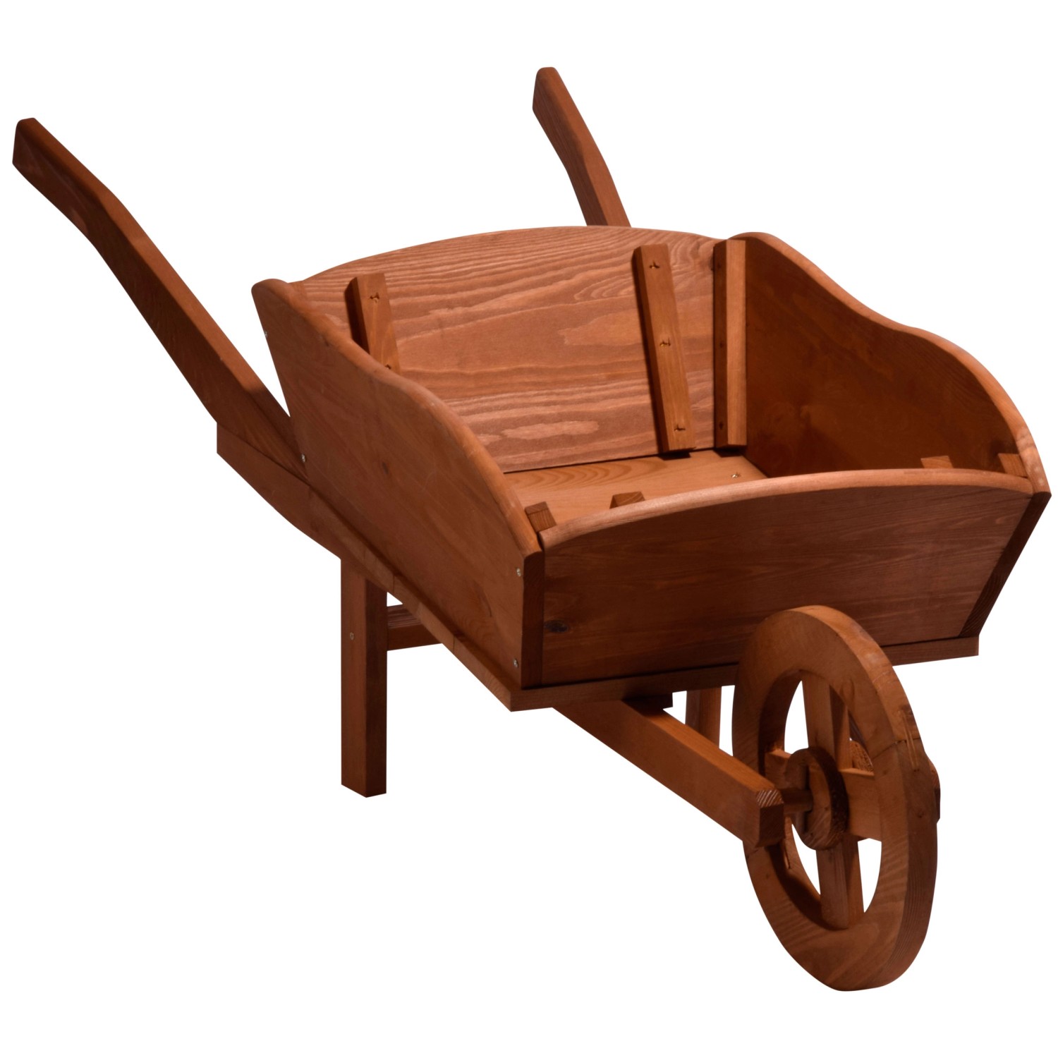 Dekorative, dunkelbraune Pflanz-Schubkarre aus Holz für Garten und Balkon.