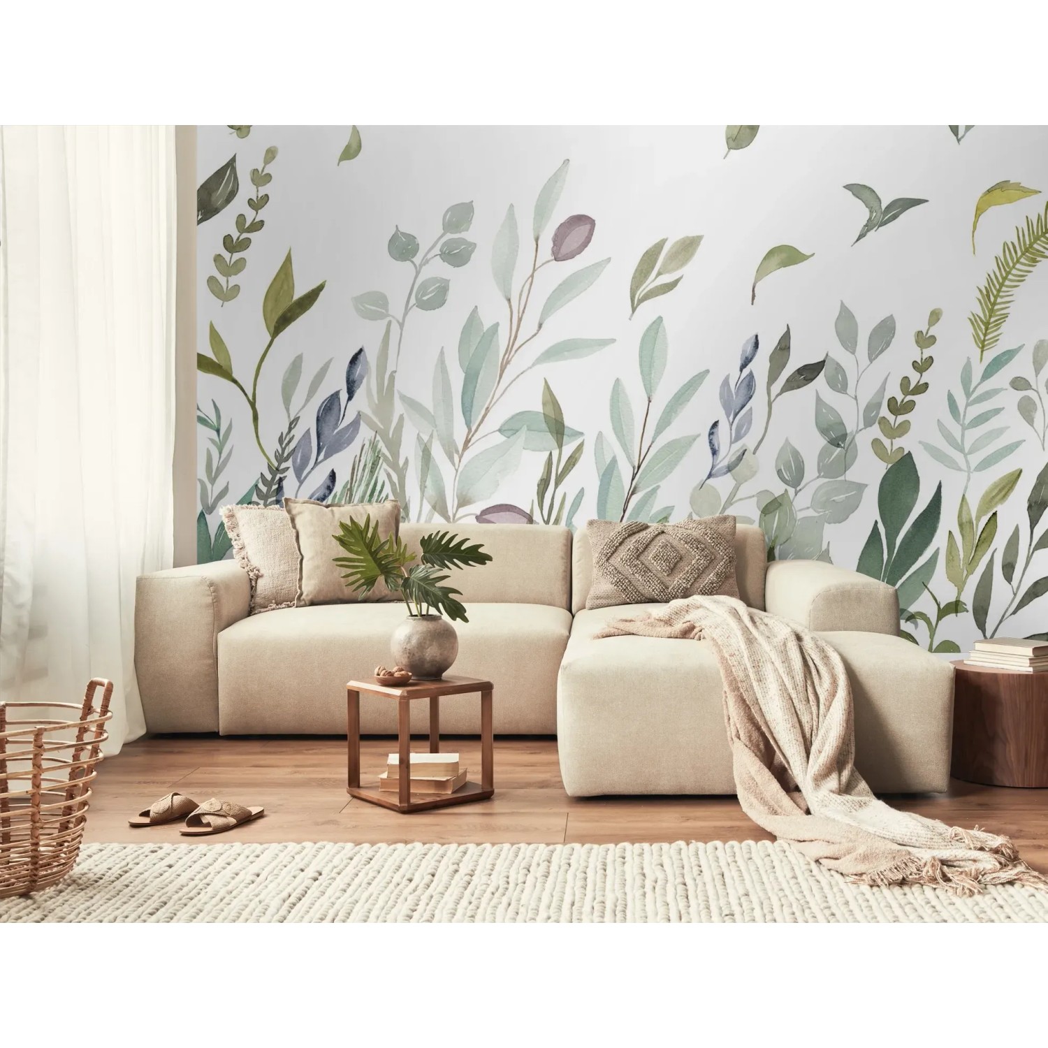 Fototapete Breeze Grün (350x250 cm) mit Pflanzenmotiven im Wohnzimmer.