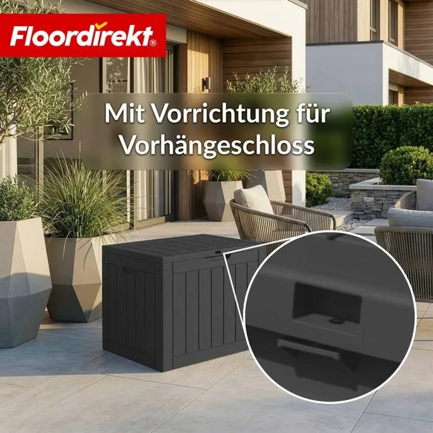 Anthrazitfarbene Floordirekt Gartenbox in Holzoptik mit Vorrichtung für Vorhängeschloss.