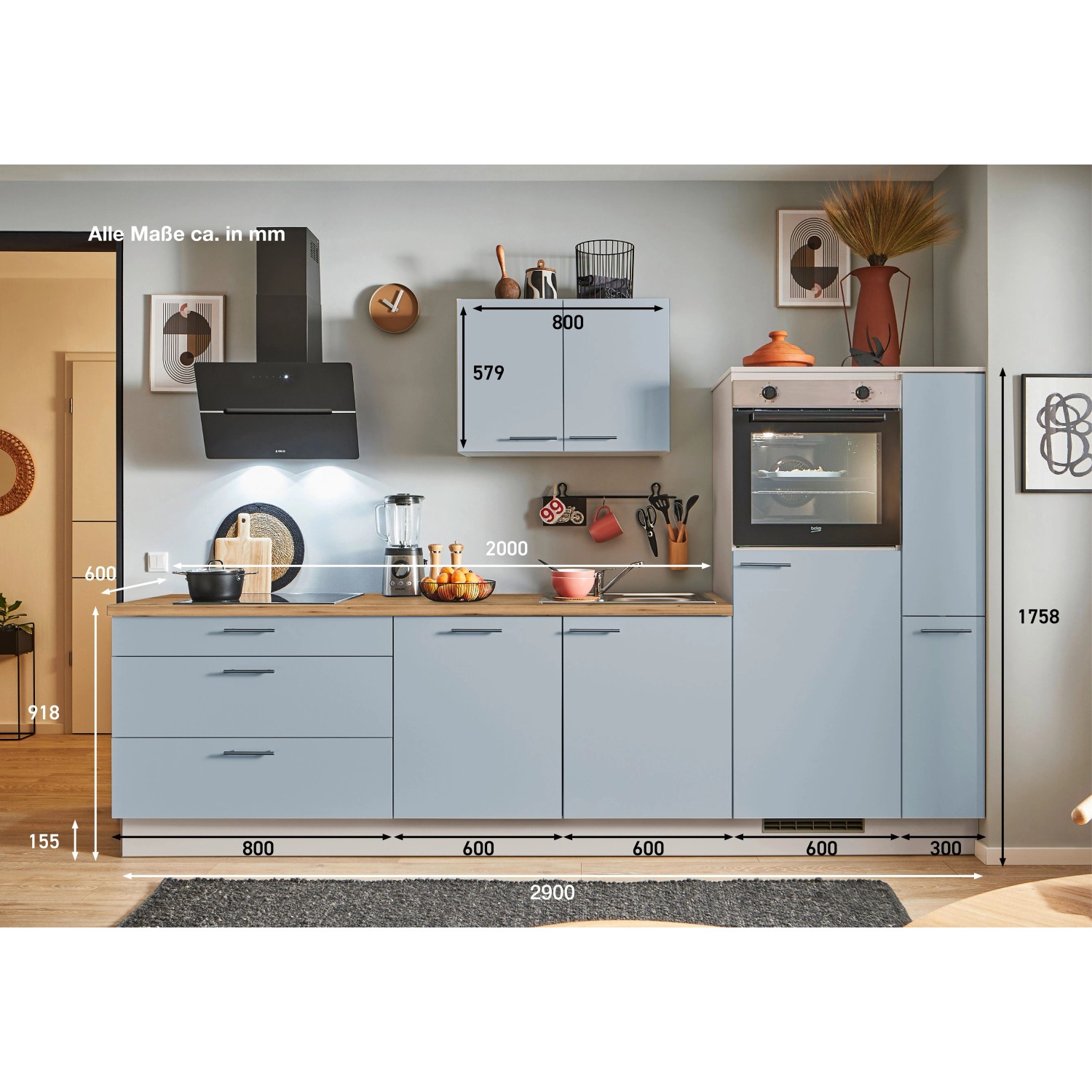 pino Küchenzeile 290 cm Pastellblau Anschlag,inks 1 Geräte-, 1 Apothekerschrank