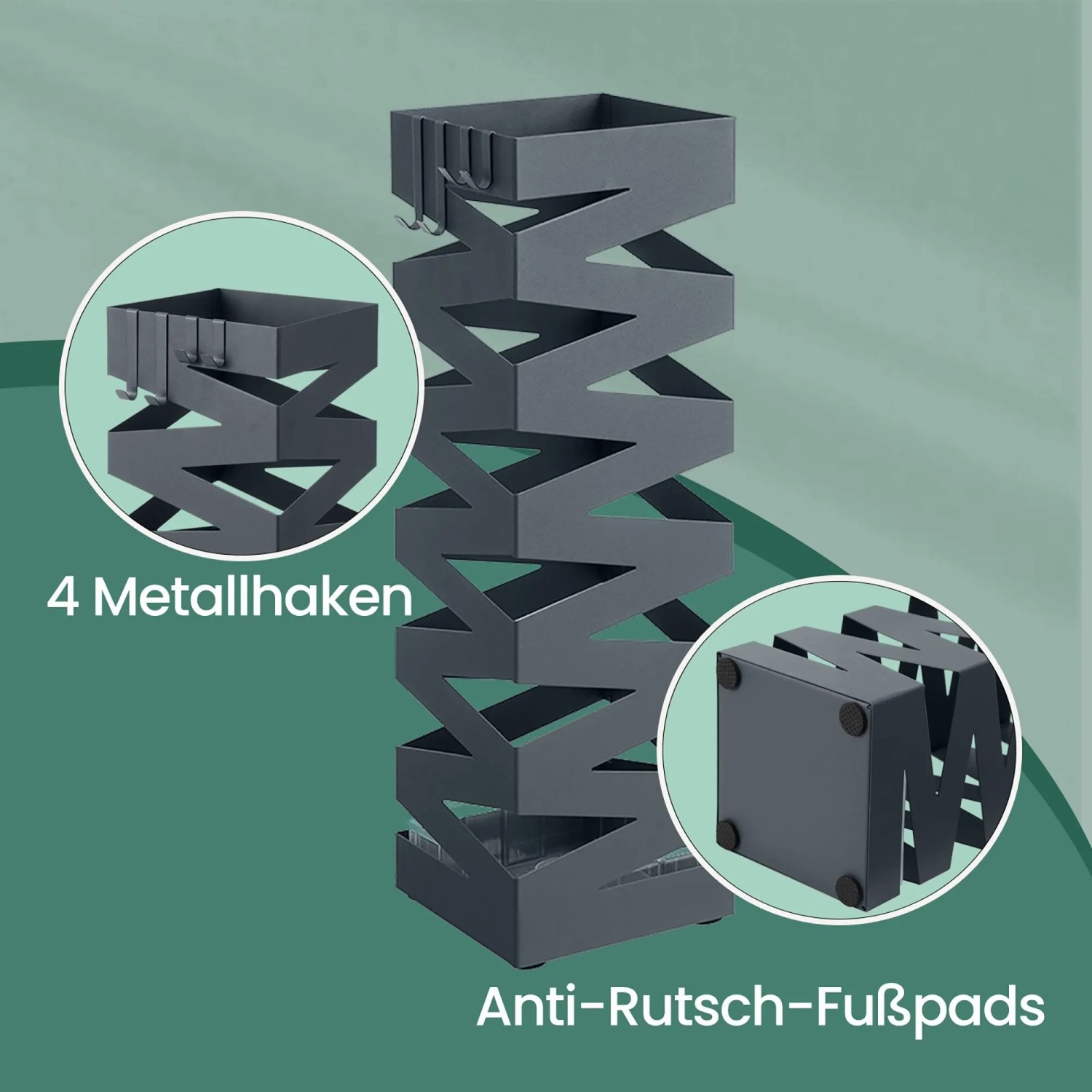 Quadratischer, grauer Songmics Schirmständer Patsy aus Metall mit Cutout-Design und Haken.