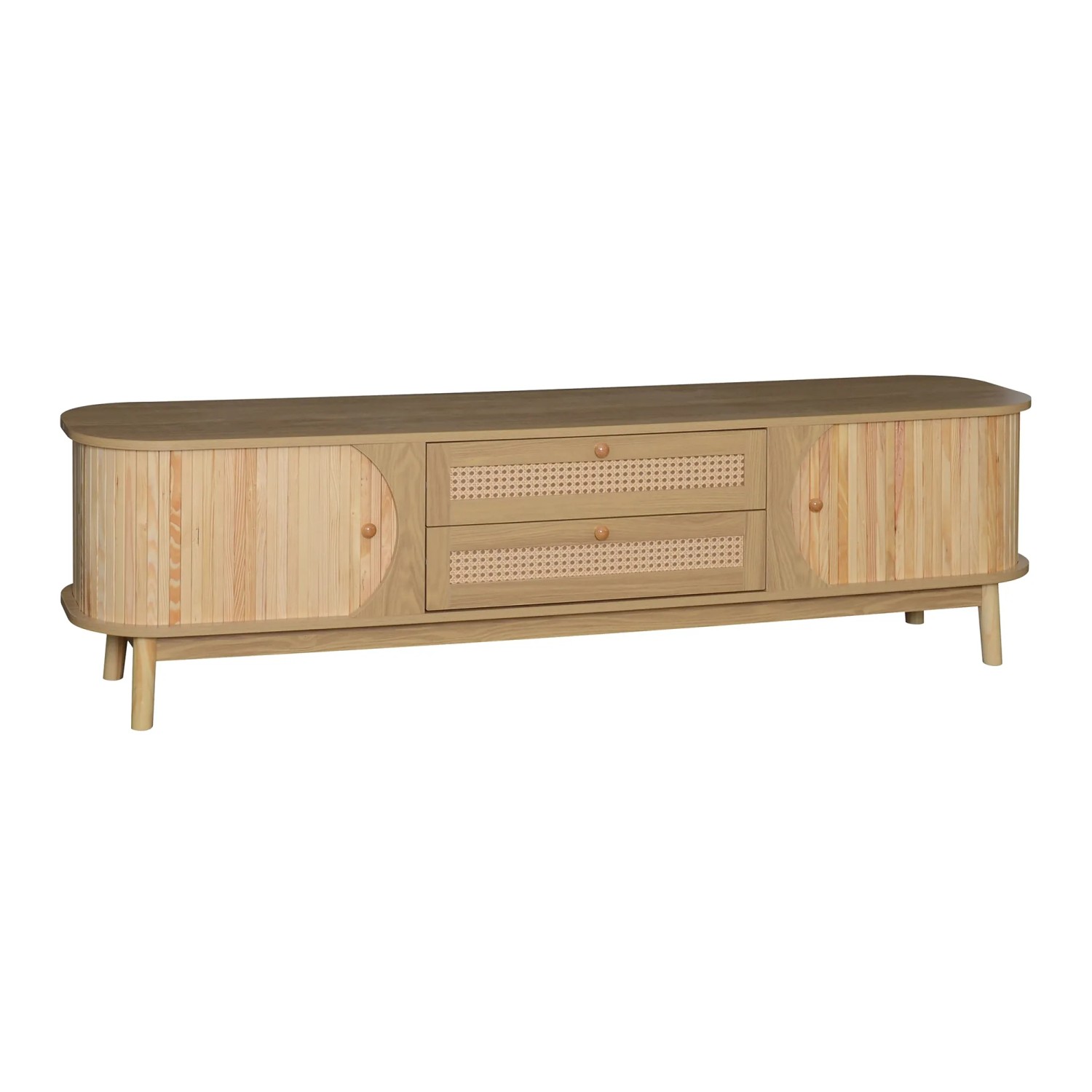 ModernLuxe TV Lowboard mit 2 Schubladen 3 Schiebetüren Spanplatte Natur