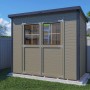 Beige-graues Bertilo Gerätehaus Castano 2 aus Holz mit Doppeltür und Fenster im Garten.