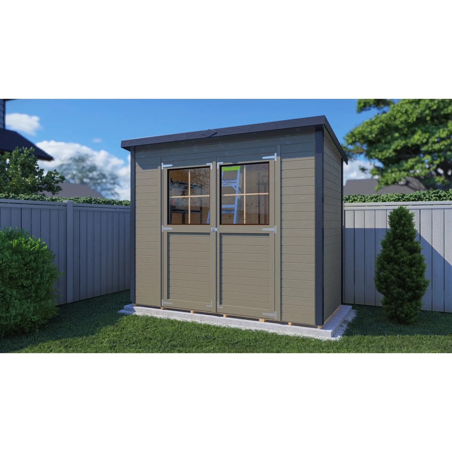 Beige-graues Bertilo Gerätehaus Castano 2 aus Holz mit Doppeltür und Fenster im Garten.
