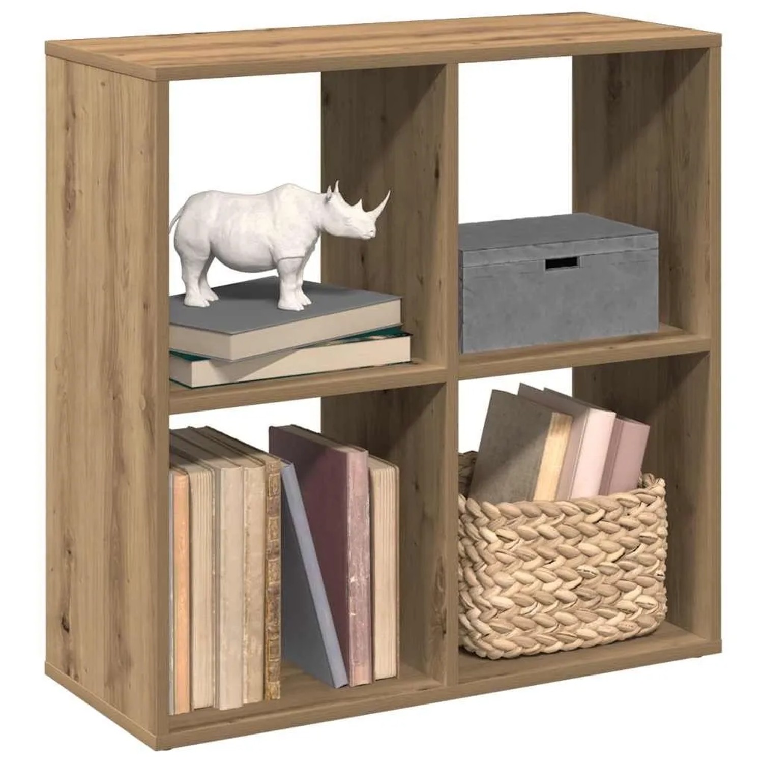 Raumteiler-Bücherregal Artisan-Eiche mit 4 Fächern, gefüllt mit Büchern und Deko. Vielseitiges Regal.