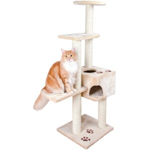 Beiger Kratzbaum Josina (142 cm) mit Katze, Sisalstämmen, Höhle und Liegeflächen.