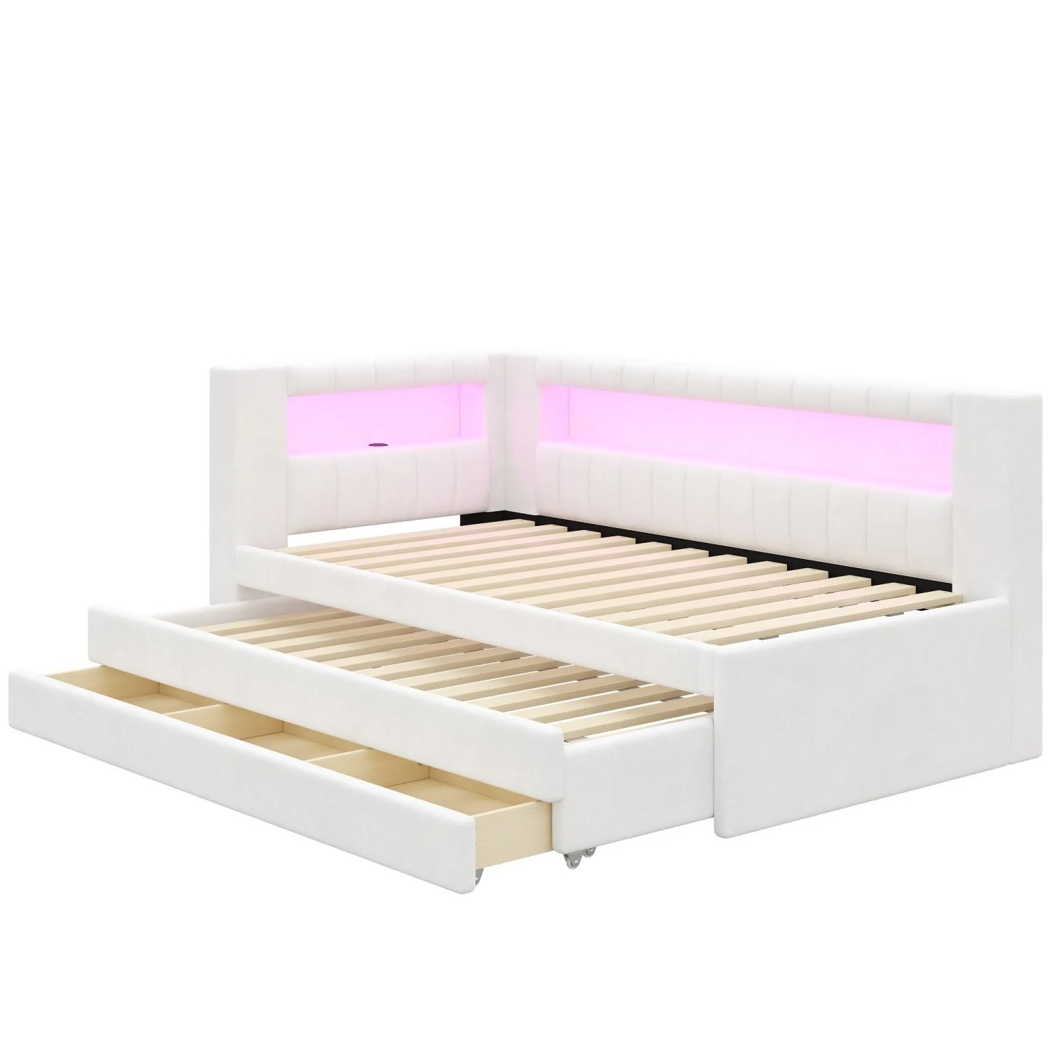 Merax Polster Tagesbett 90x200 cm Mit USB LED Ausziehbett 3 Schubladen Weiß