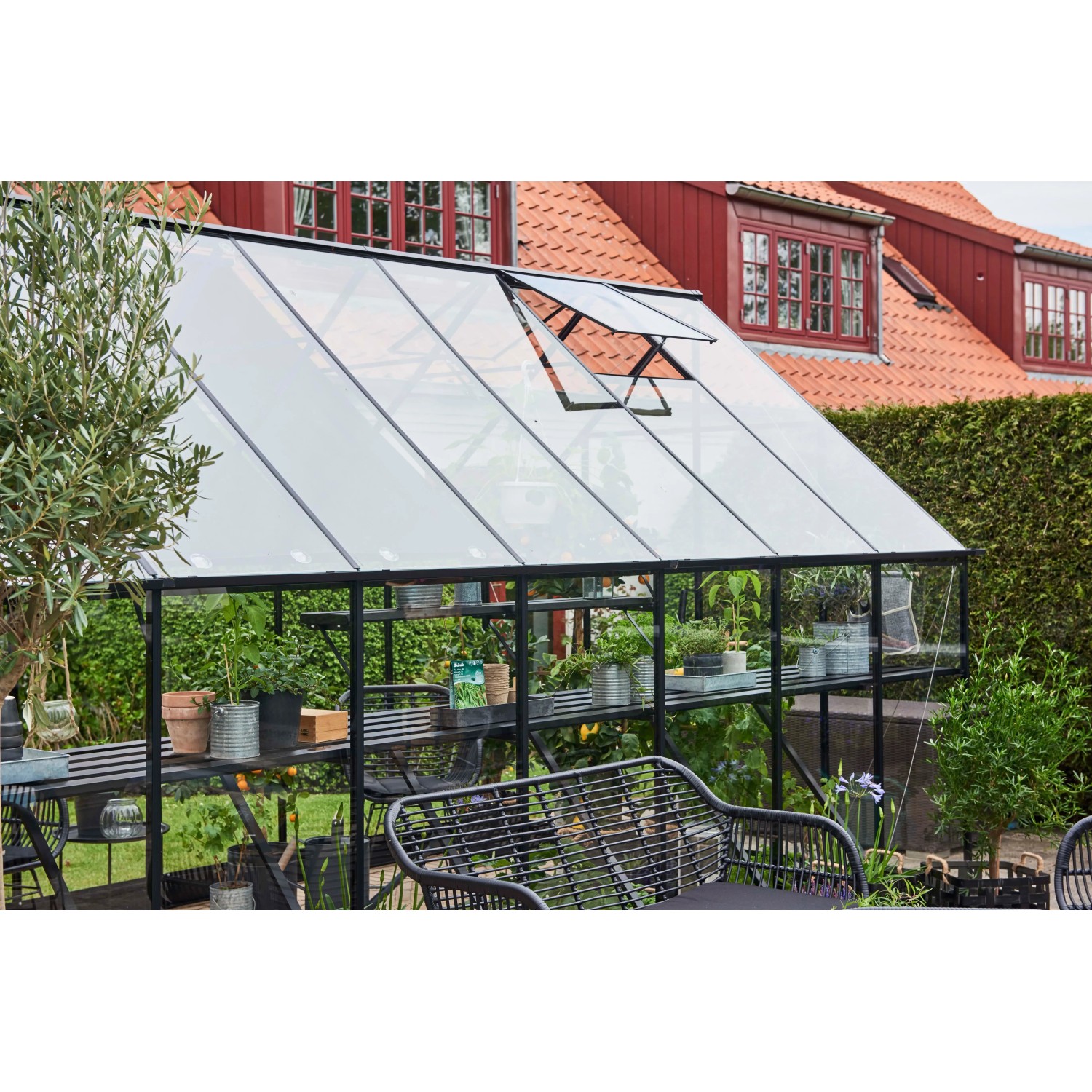 Schwarzes Halls Gewächshaus Qube+ 816 mit 13 m² und geöffnetem Dachfenster.