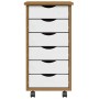 vidaXL Rollschrank MOSS aus honigbraunem Kiefernholz mit 6 weißen Schubladen und Rollen für Wohnzimmer.