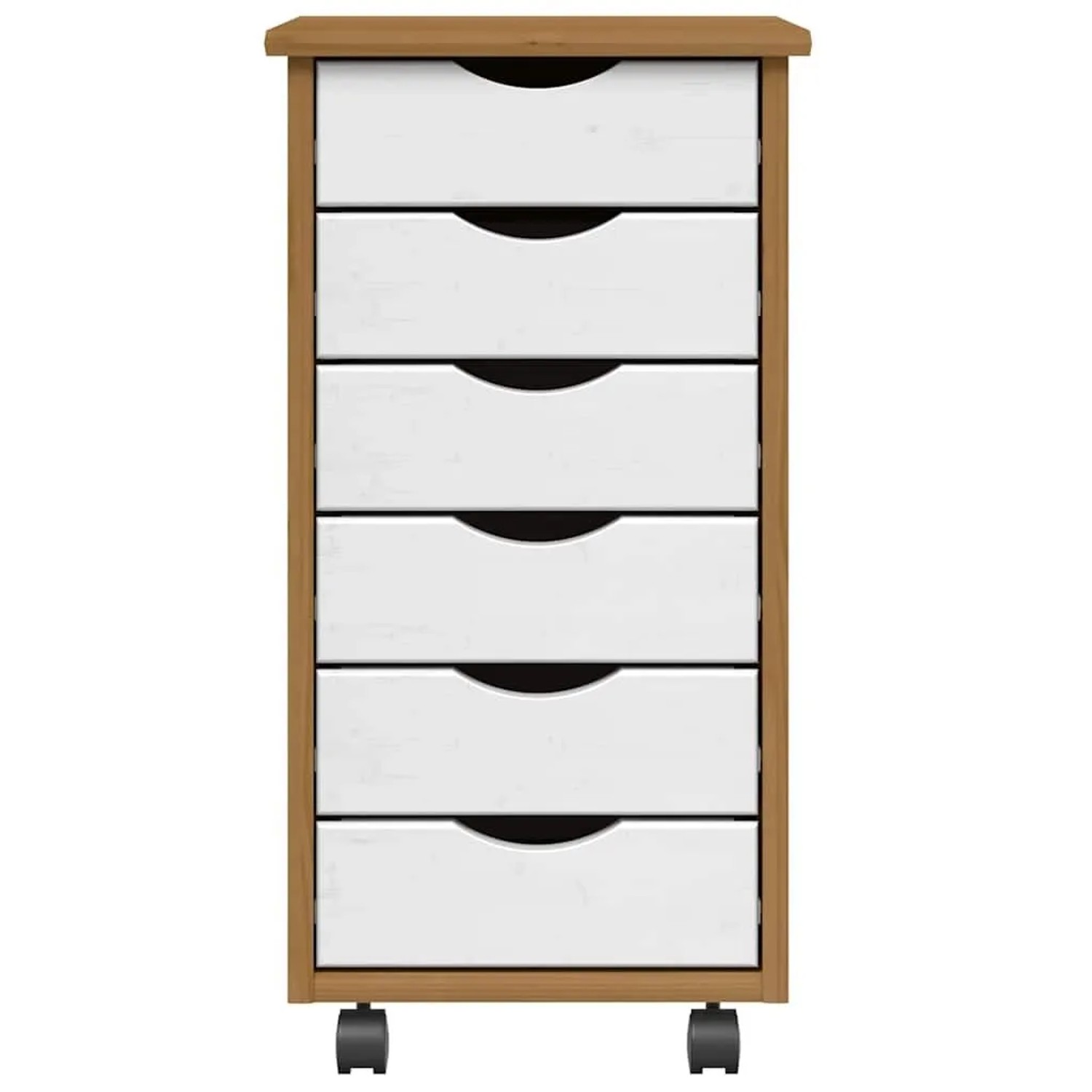 vidaXL Rollschrank MOSS aus honigbraunem Kiefernholz mit 6 weißen Schubladen und Rollen für Wohnzimmer.